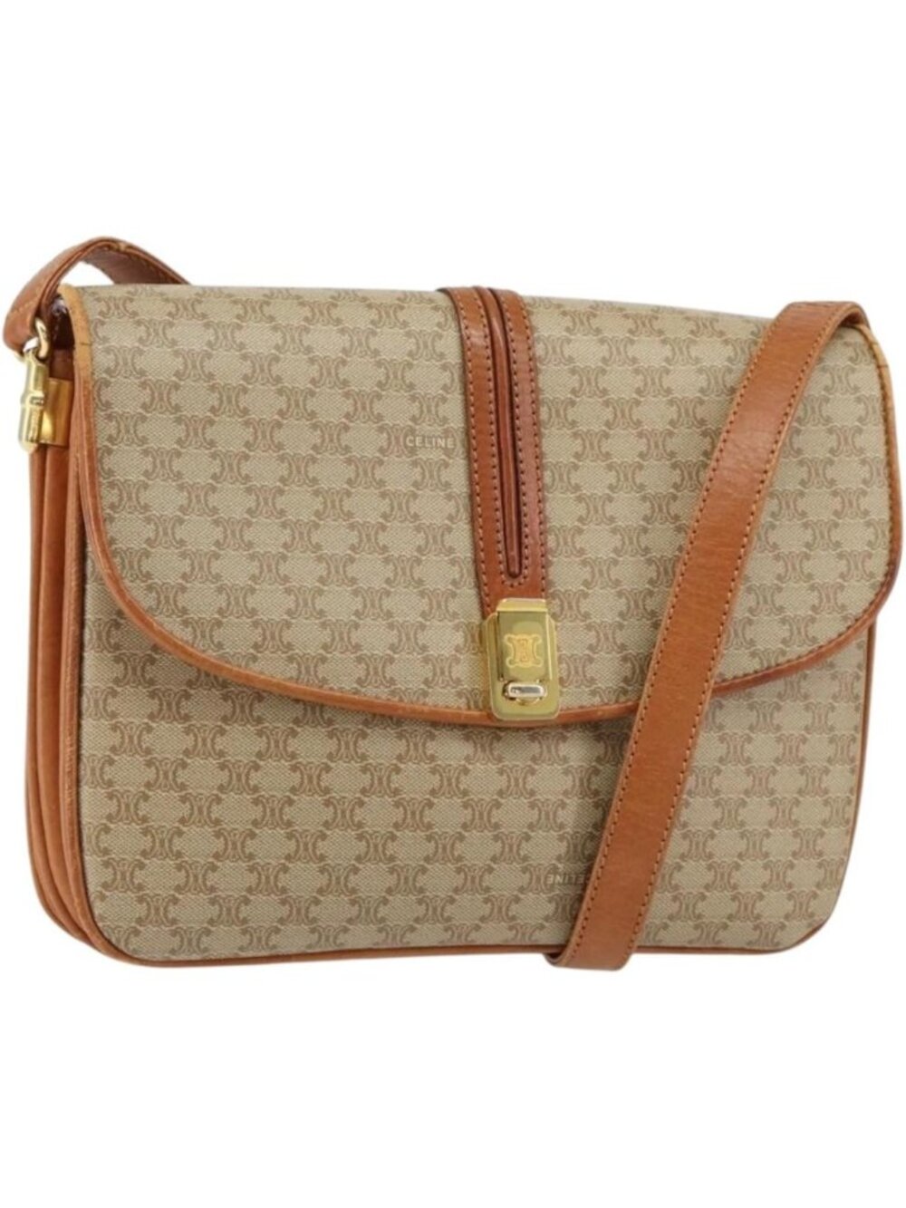 CELINE Macadam Canvas Shoulder Bag PVC Leather Beige Gold